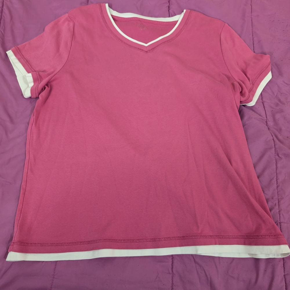 Pink V-Neck T-Shirt with White Trim